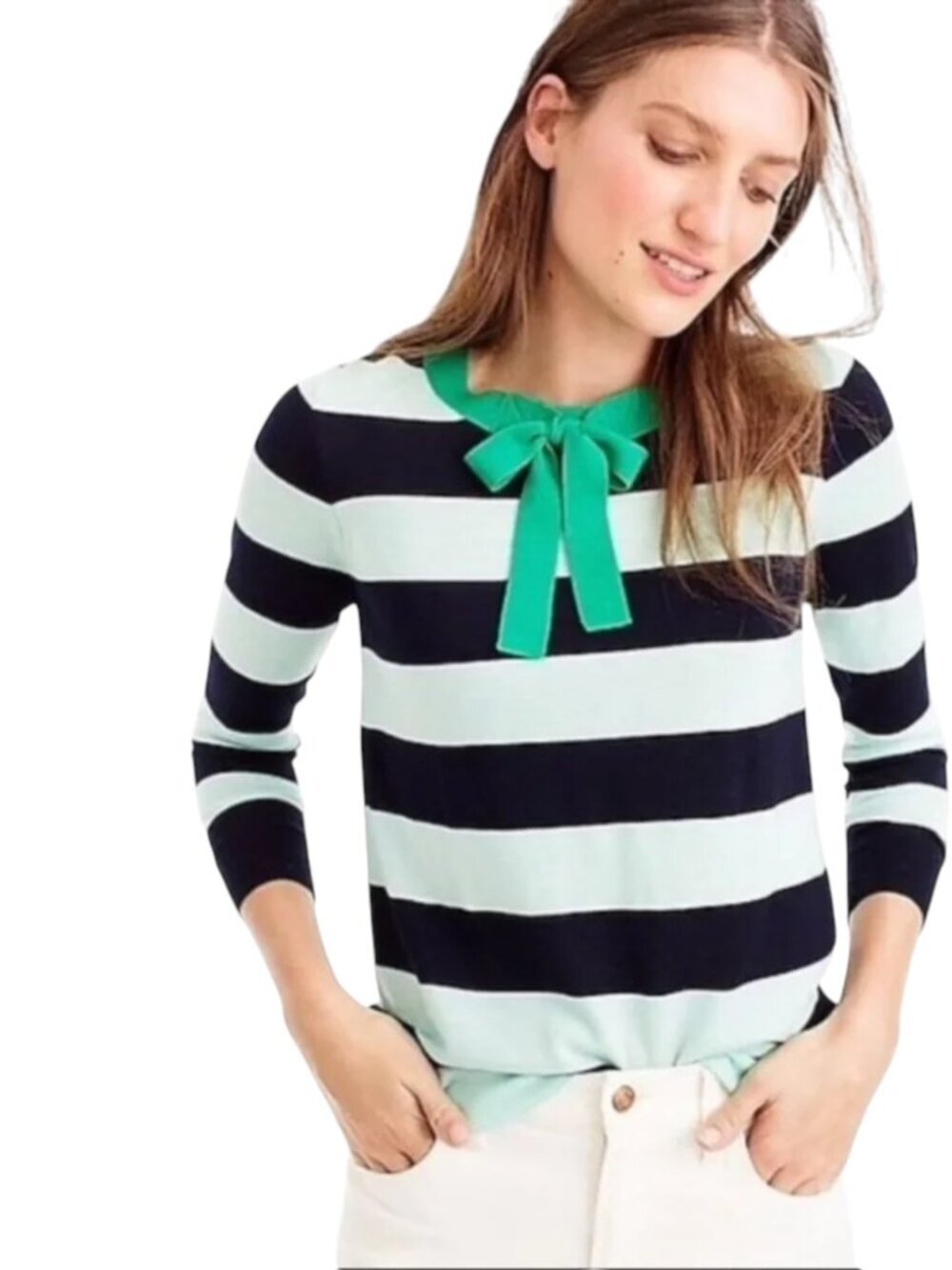 J. Crew Tippi Merino Wool Navy Mint Stripe Tie Neck Sweater